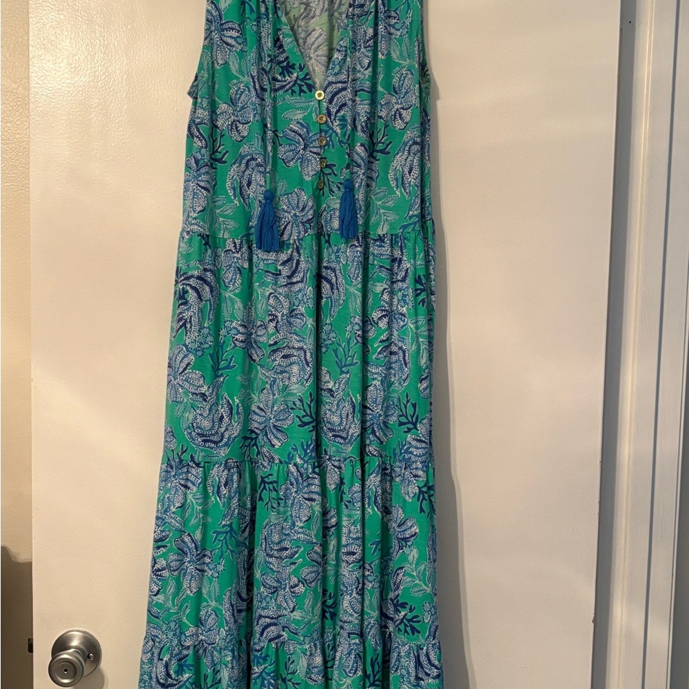 Lilly Pulitzer Keeping it Reel Maxi Green and Blue Floral Maxi Dress.